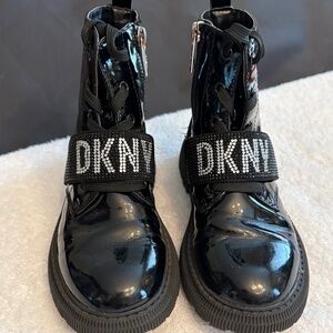 DKNY Black Patent Leather Moto Boots Kids Size 13